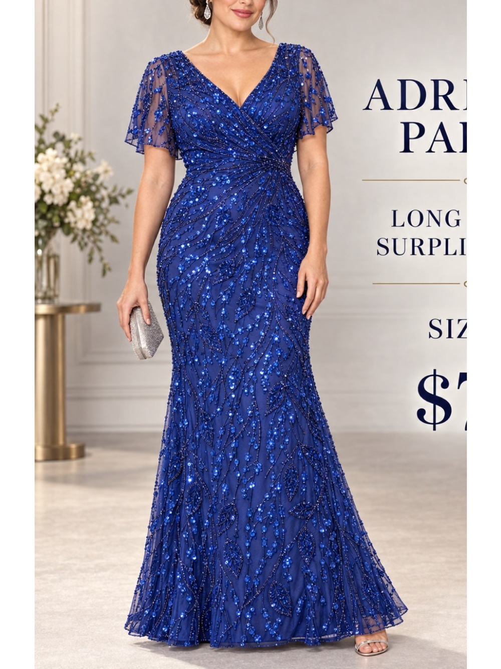 Adrianna Papell Cobalt Blue Beaded V-Neck Evening Gown